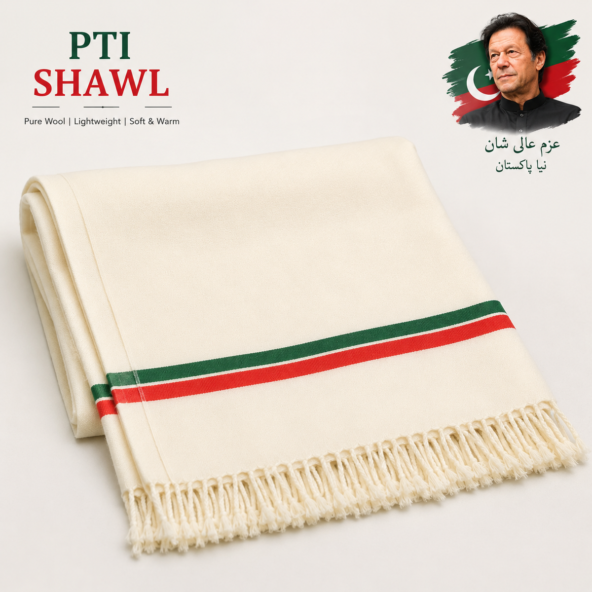 Handmade pure wool off white shawl for men with PTI color border