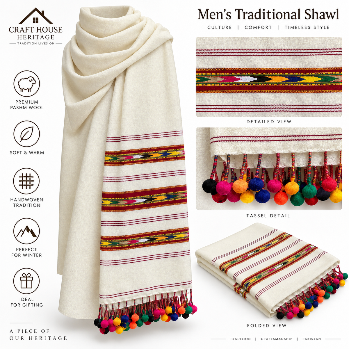 White three borders shawl for men
