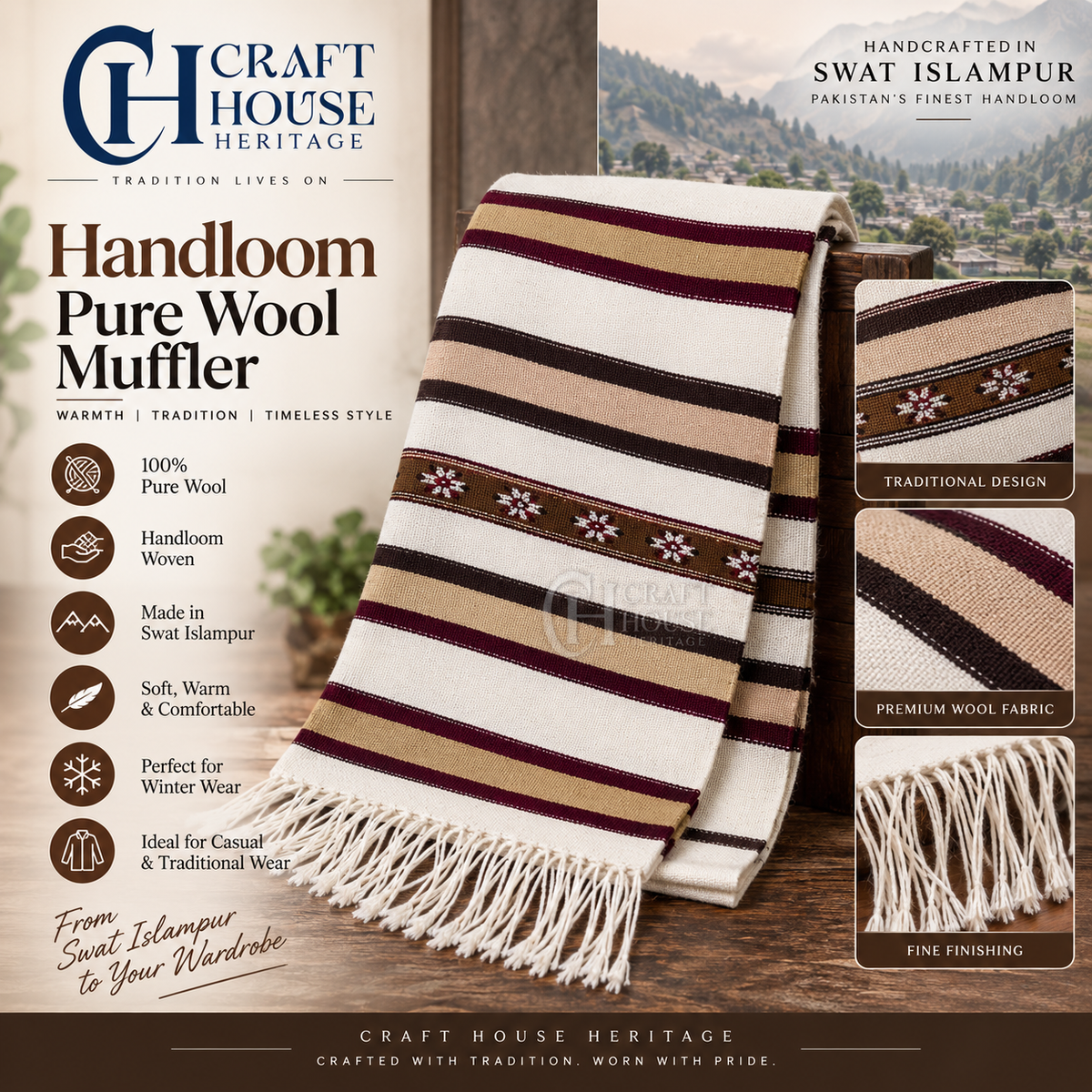 Handloom Pure Wool Muffler for Men – Classic Striped Design | Swat Islampur -MUF-03
