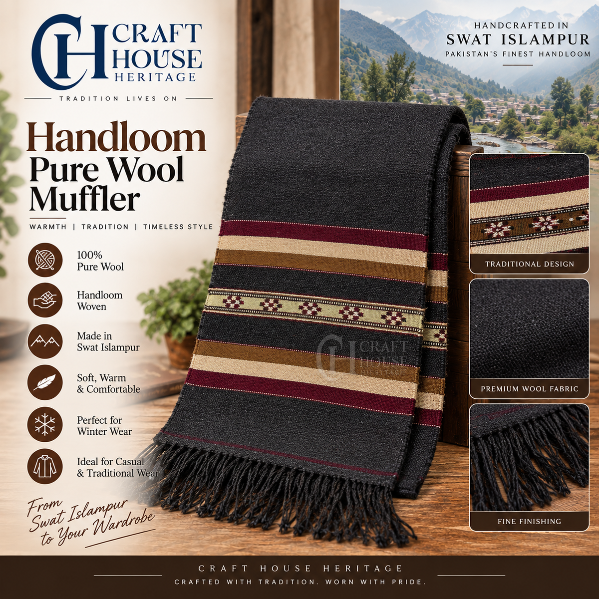 Handloom Pure Wool Muffler for Men – Black MUF-04