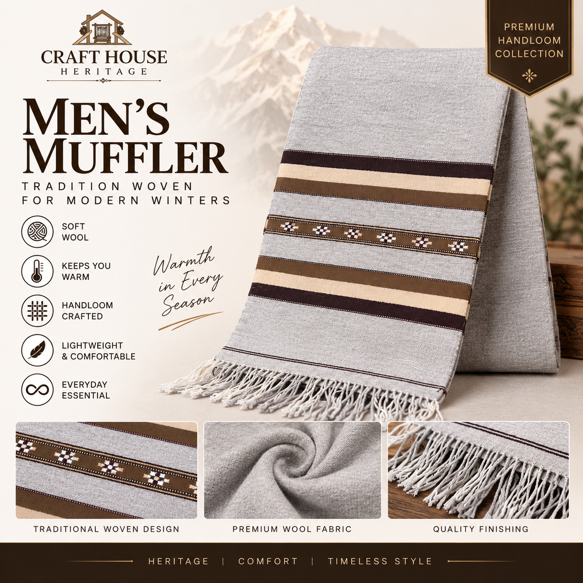 Men’s Grey Handloom Wool Muffler | Premium Winter Scarf - MUF-05