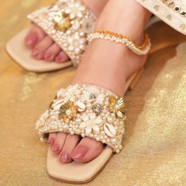 Handmade Pearl Embellished Ladies Flat Slippers – Elegant Floral Beaded Summer Slides | Soft & Comfortable Casual Sandals