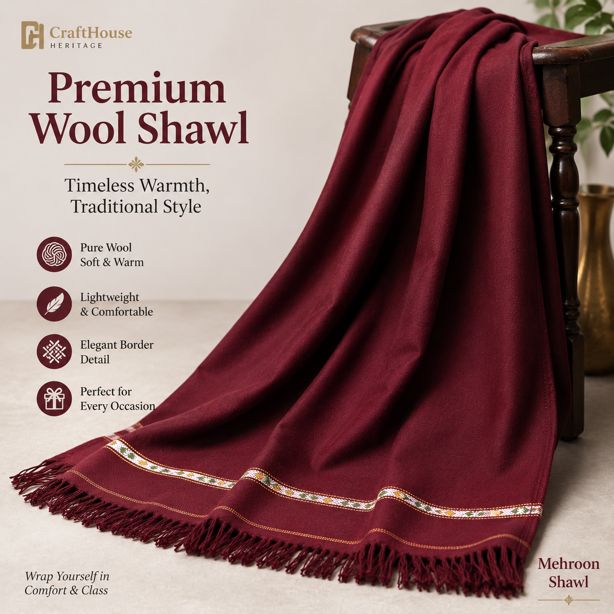 Swati Shawl for Men - Mehroon Color Shawl For Men