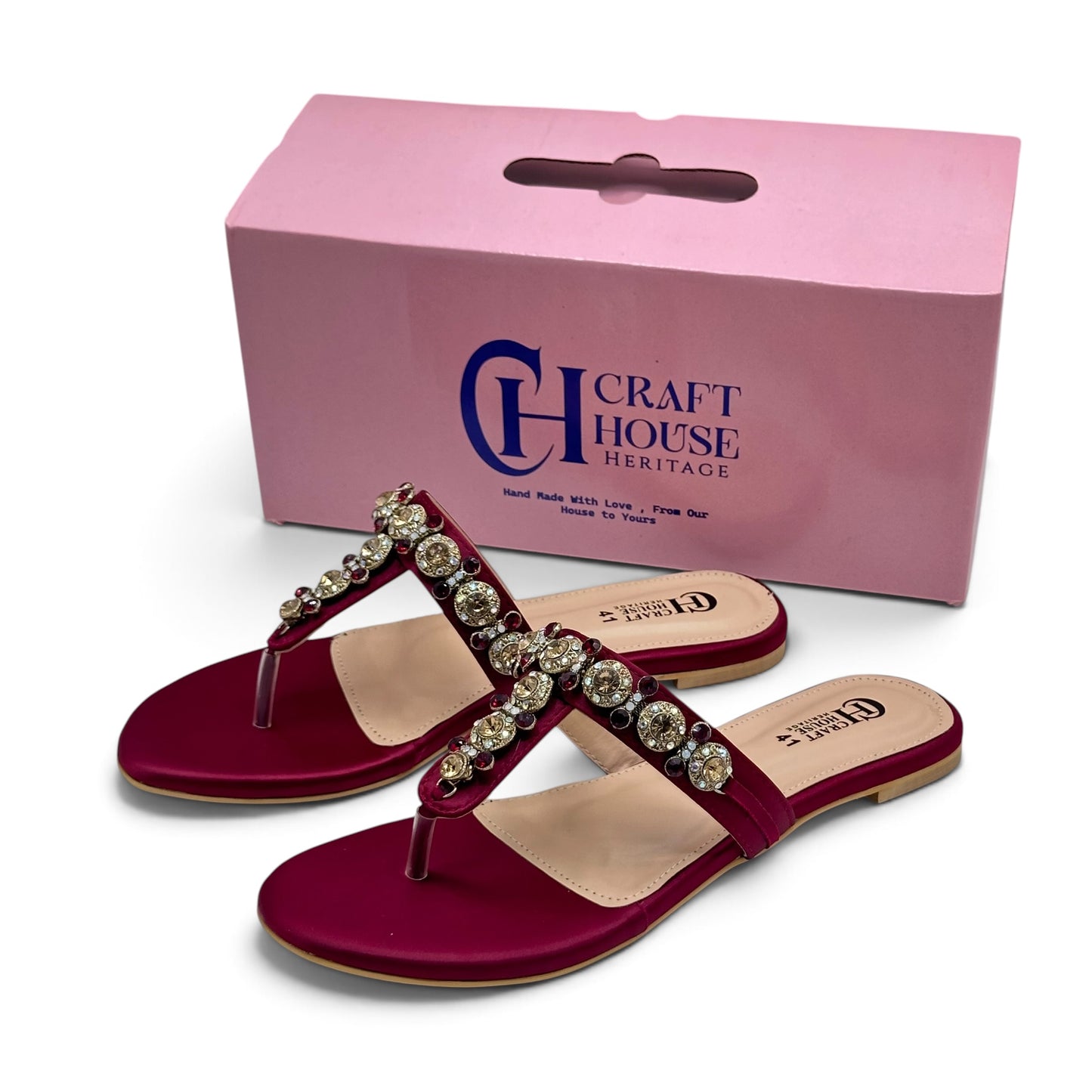 Handmade Mehroon Embellished Women's Flat Slippers – Elegant Soft Sole Fancy Sandals for Party