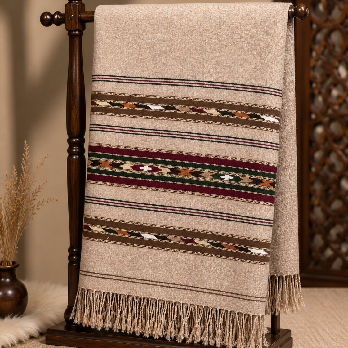 Soft wool three borders shawl- Badami color