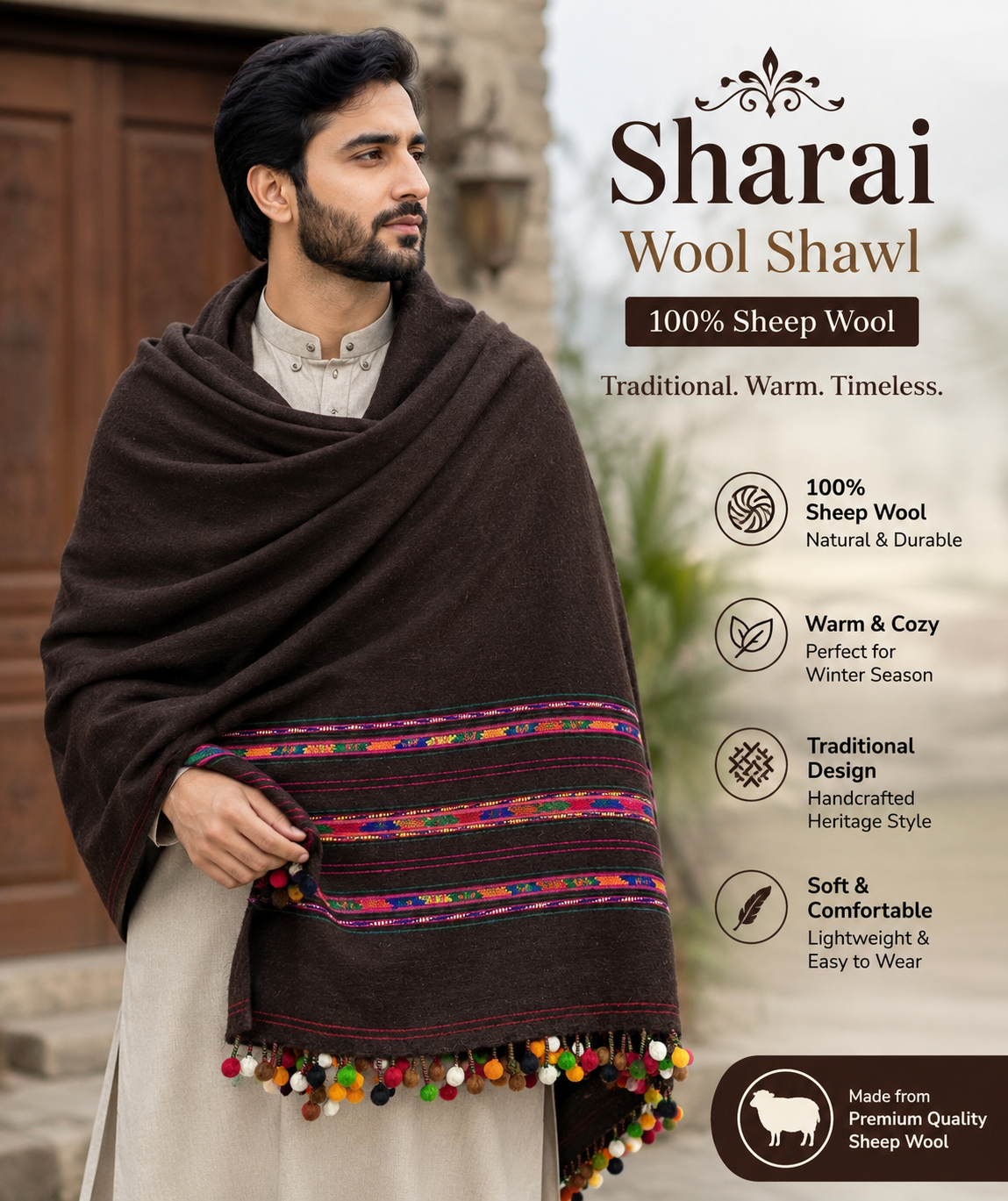 Traditional Sharai Wool Shawl for Men β 100% Sheep Wool with Colorful Ball Tassels - SH-23A