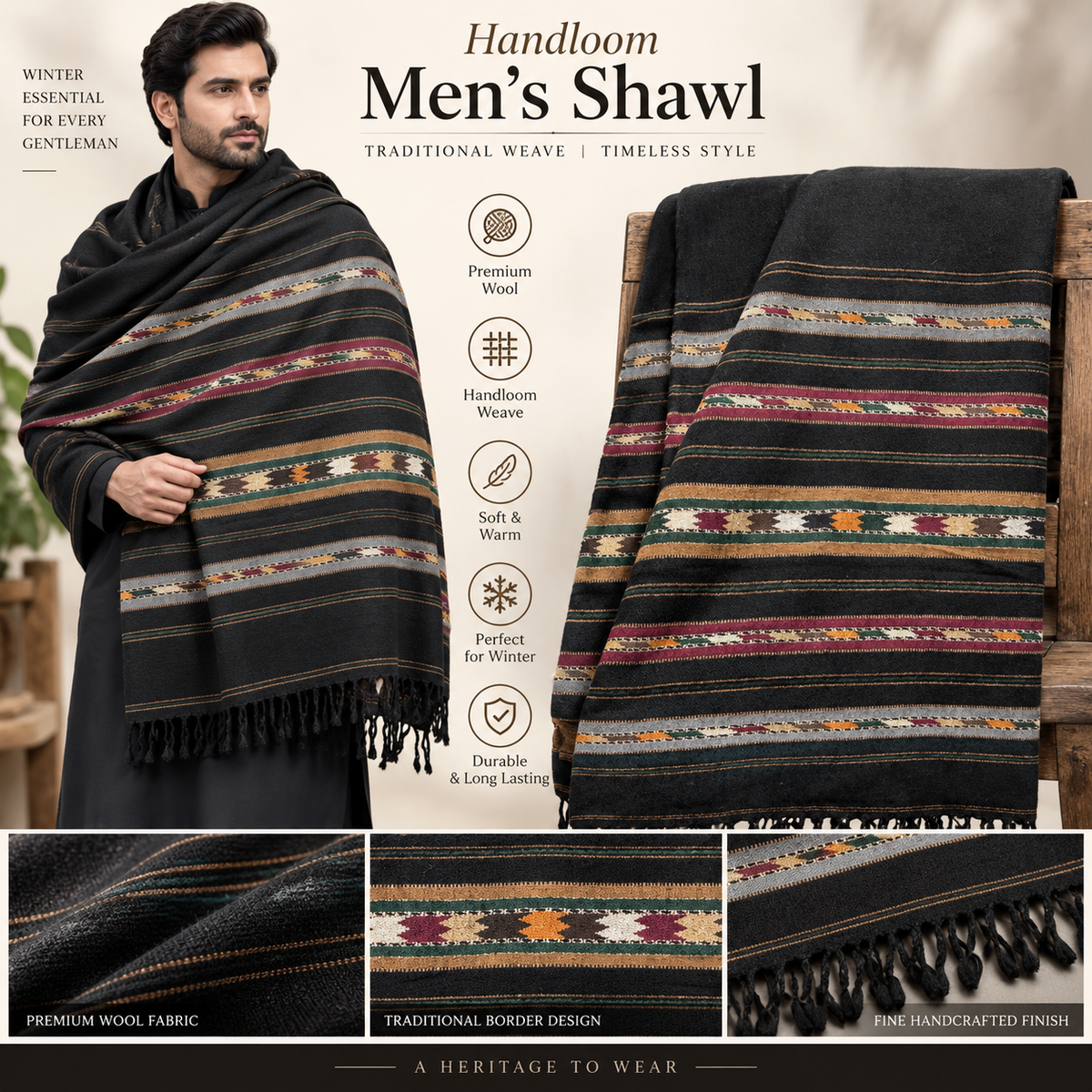 Pure 100% Wool 5-Border Shawl for Men – Black | Handloom Winter Shawl SH-31