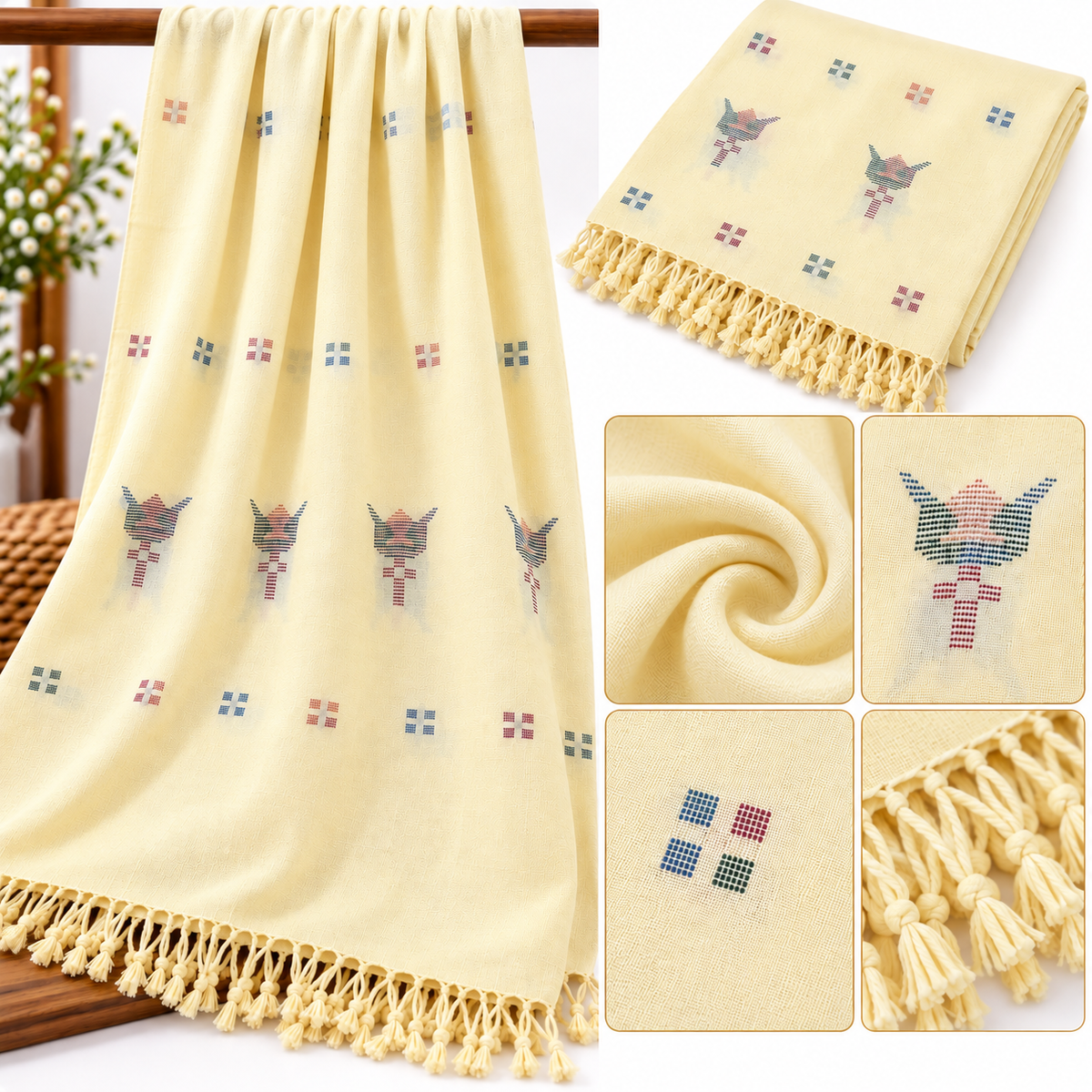 Ladies Handmade Handloom Shawl – Light Yellow Floral