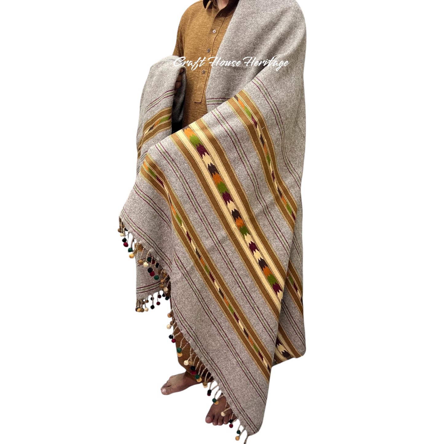 Handmade Wadera style 3 border woolen shawl for Men