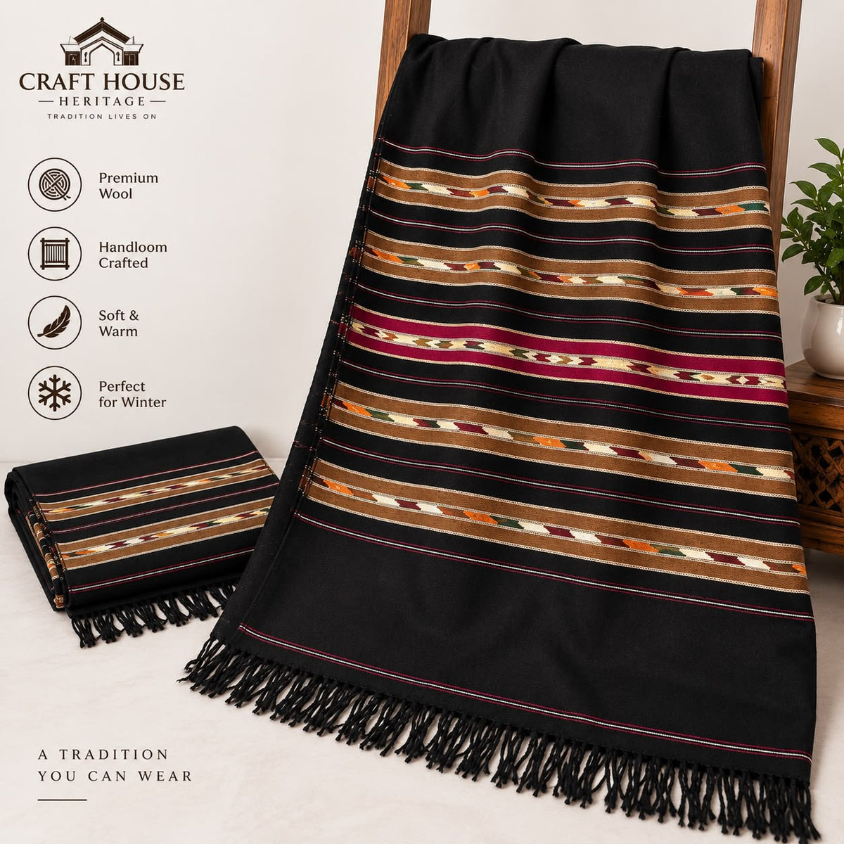 Men’s Black Wool Handloom Shawl | 5 Multi-Border | SH-36