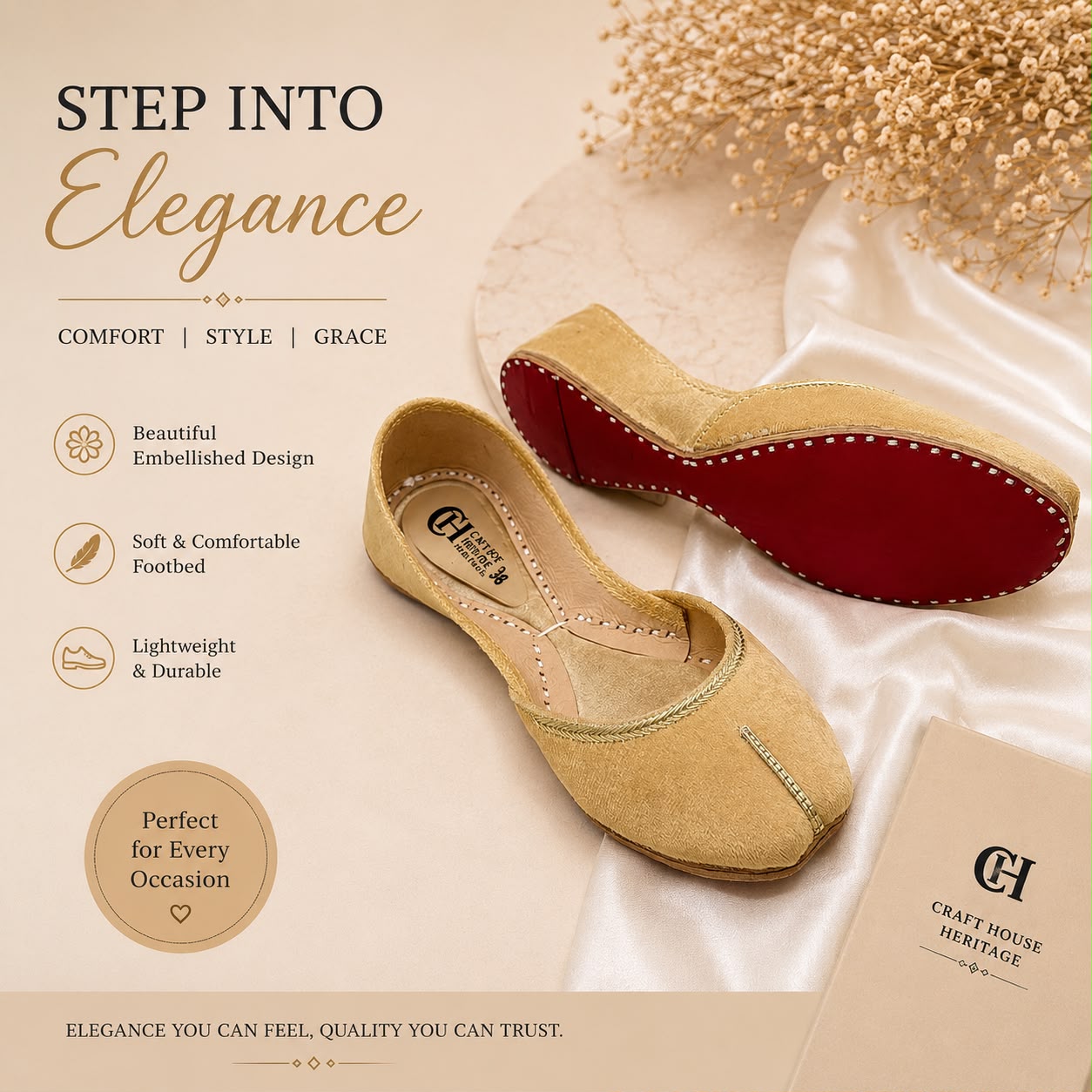 Craft House Heritage Women’s Premium Beige Khussa – Soft Comfortable Traditional Flats