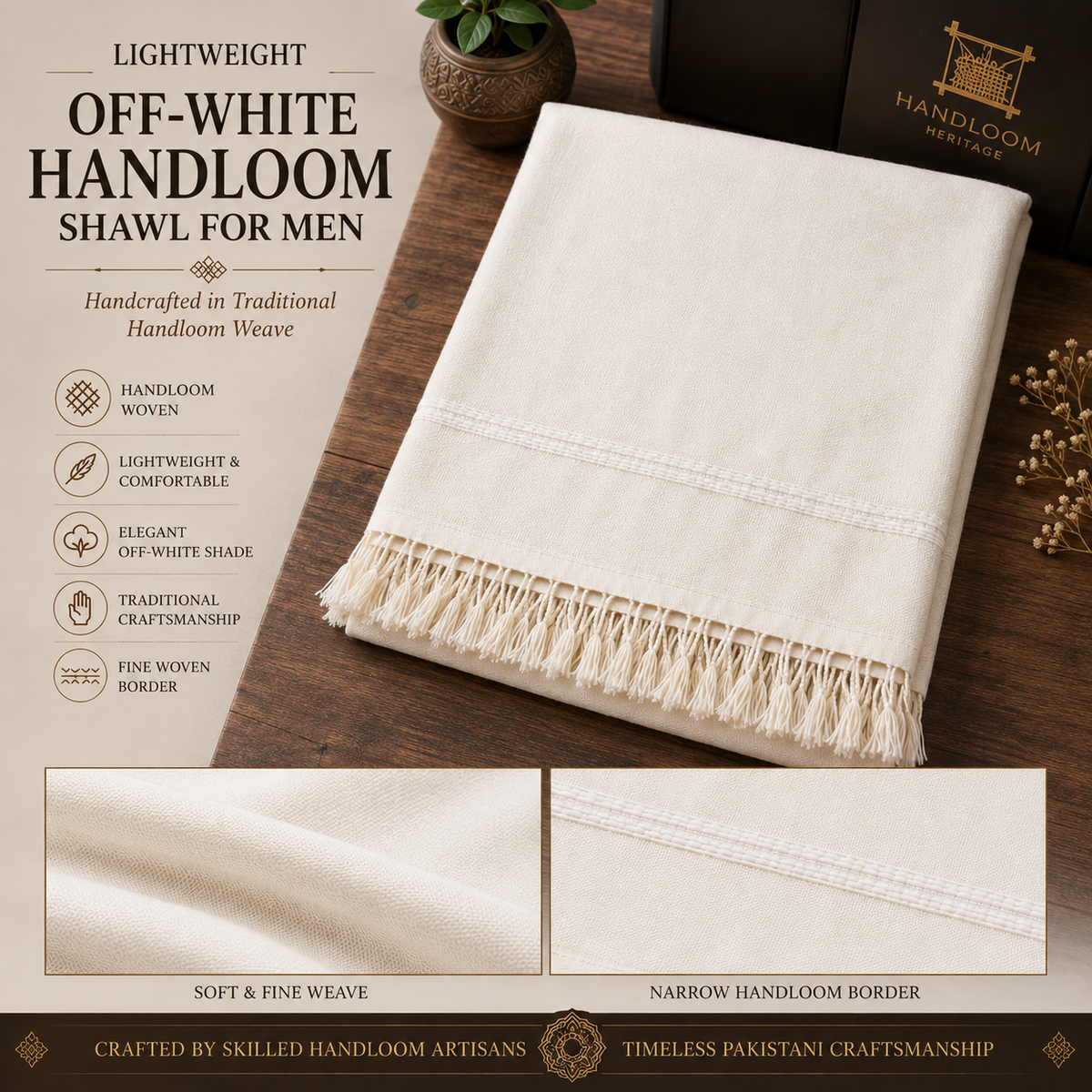 Lightweight Off-White Handloom Shawl for Men