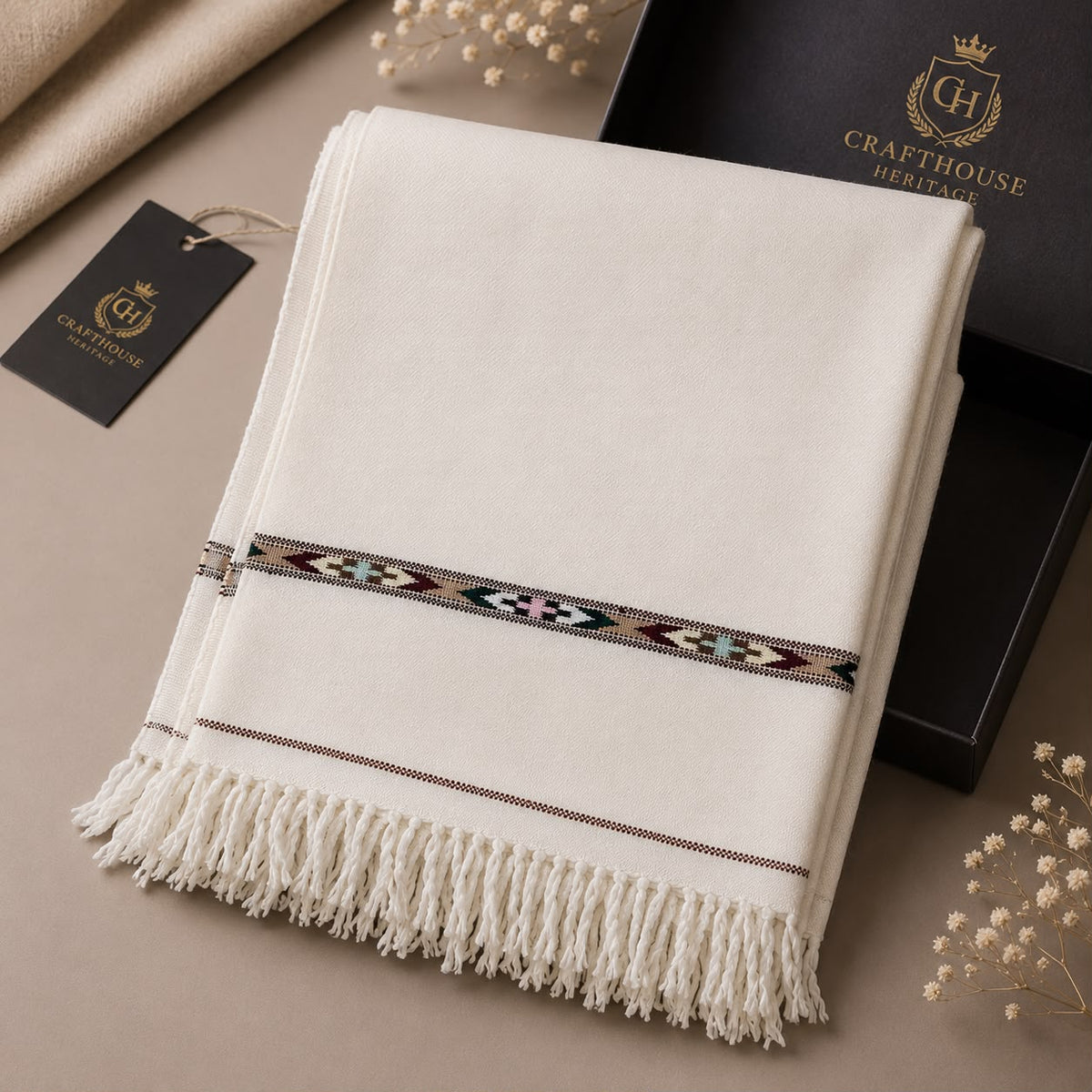 Premium Triple 72 Pure Wool Handloom Shawl – Off White - SH-12