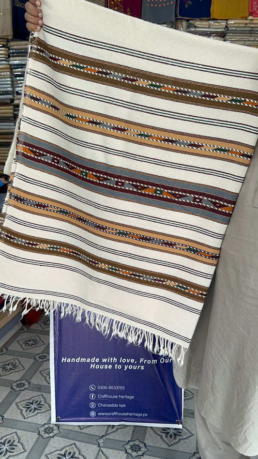 Handmade Wadhera Style Woolen Shawl for Men – Off White, 5-Border Design (1.5x3 Yards)