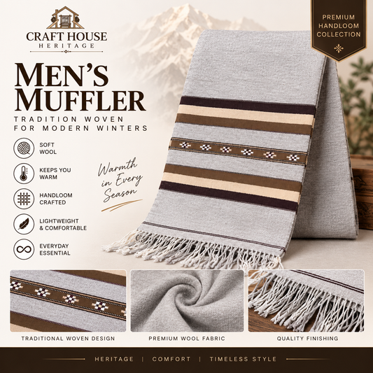 Men’s Grey Handloom Wool Muffler | Premium Winter Scarf - MUF-05