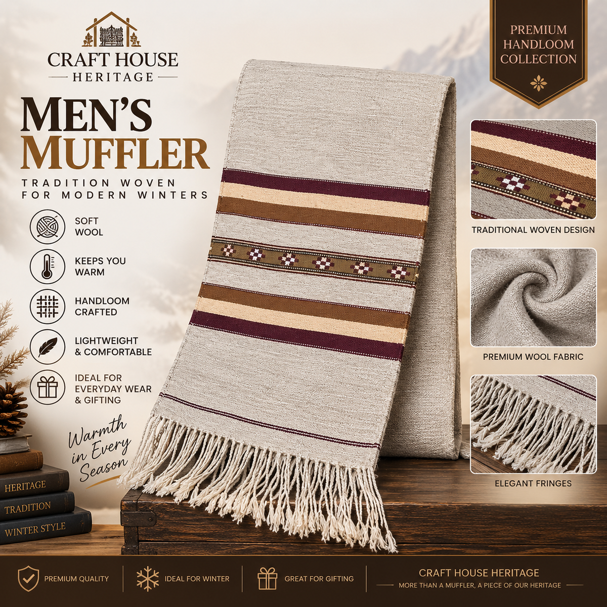 Men’s Beige Handloom Wool Muffler | Traditional Woven Winter Scarf MUF-06