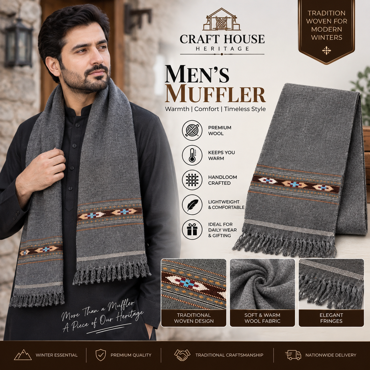 Men’s Grey Handloom Wool Muffler - MUF-07
