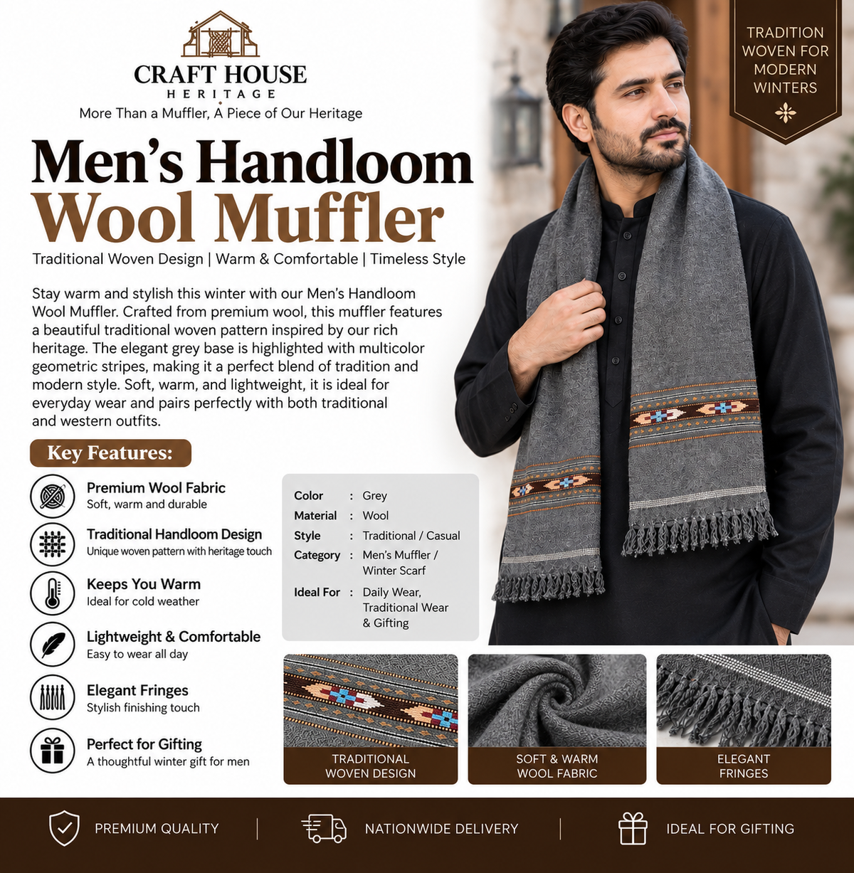 Men’s Grey Handloom Wool Muffler - MUF-07