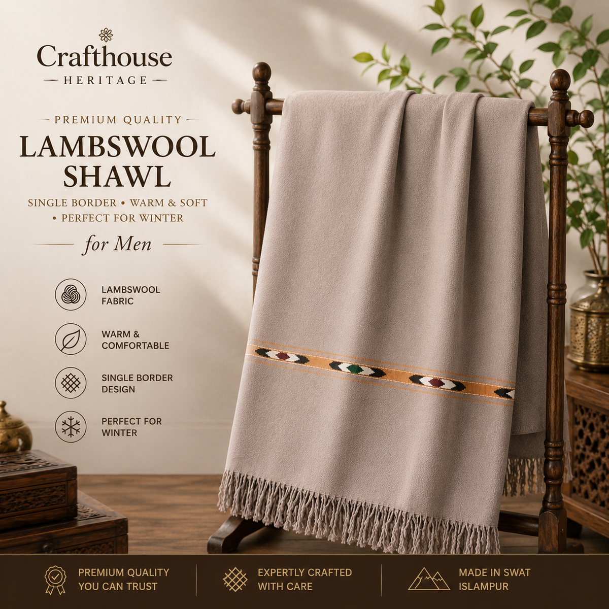 Premium Lambswool Single-Border Handloom Shawl for Men
