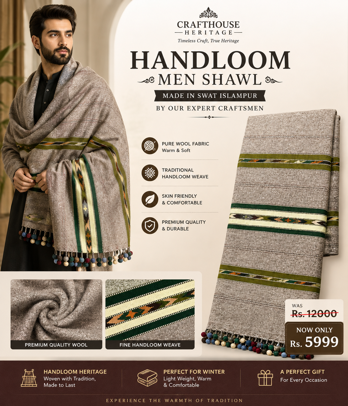 Men Shawl (Sharai) Tri border Sheep wool shawl