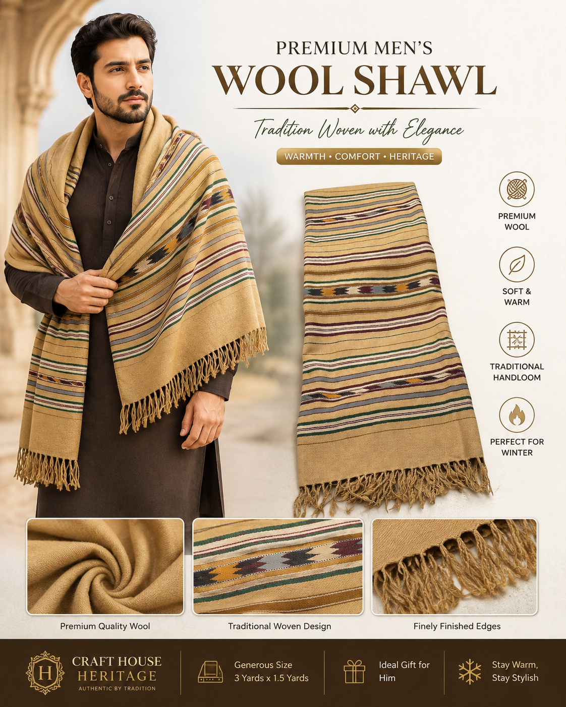 Handmade wool shawl for men 7 multi borders
