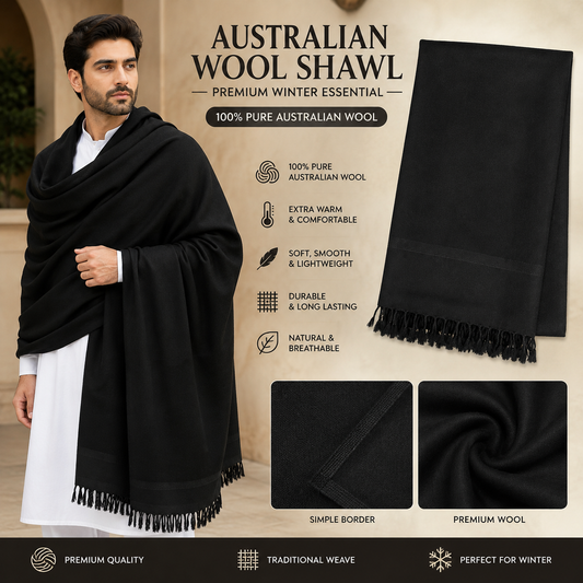 Premium Black Australian Wool Shawl for Men – Simple Border- SH-22