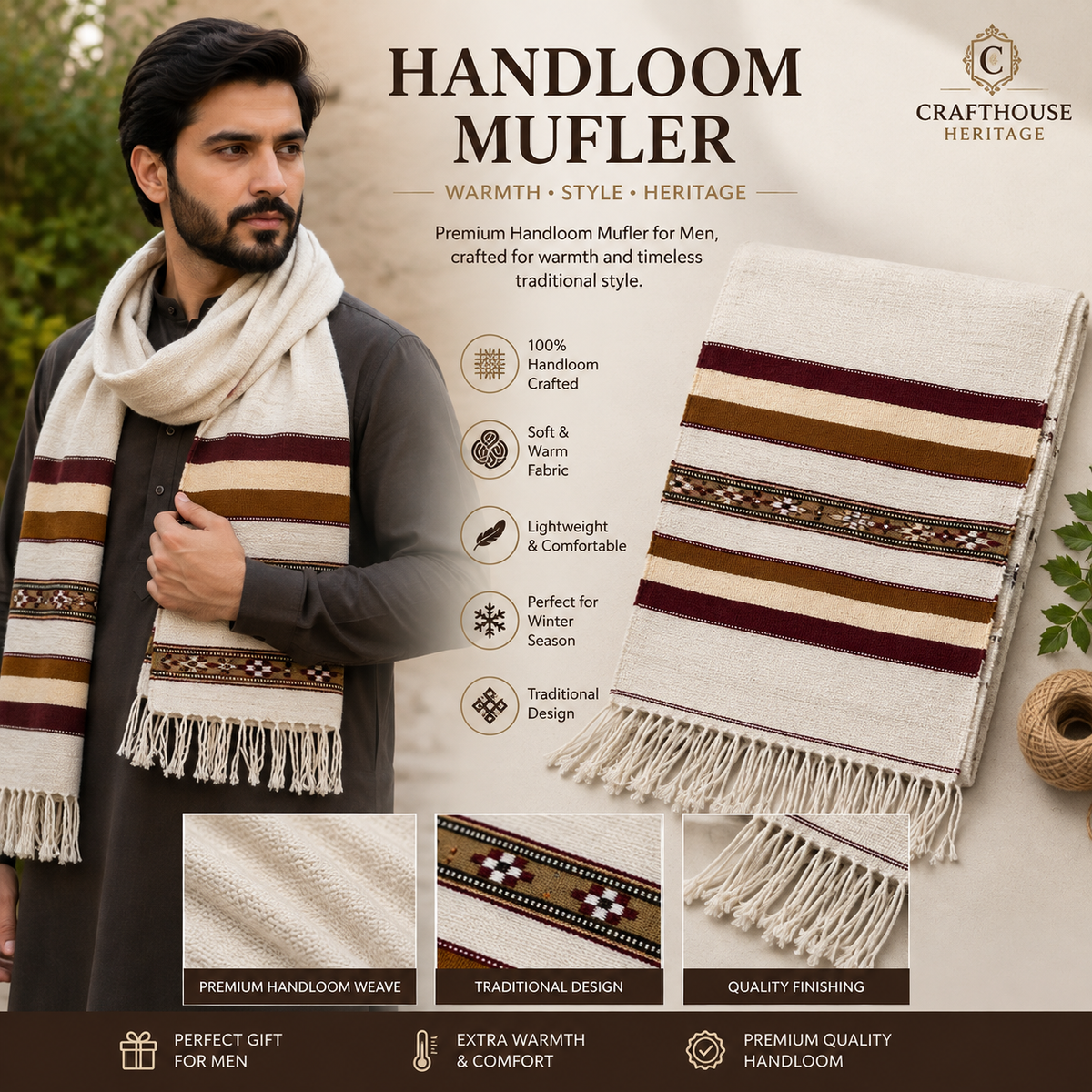 Premium Handloom Wool Muffler for Men – Traditional Striped Design | 1 × 6 Feet