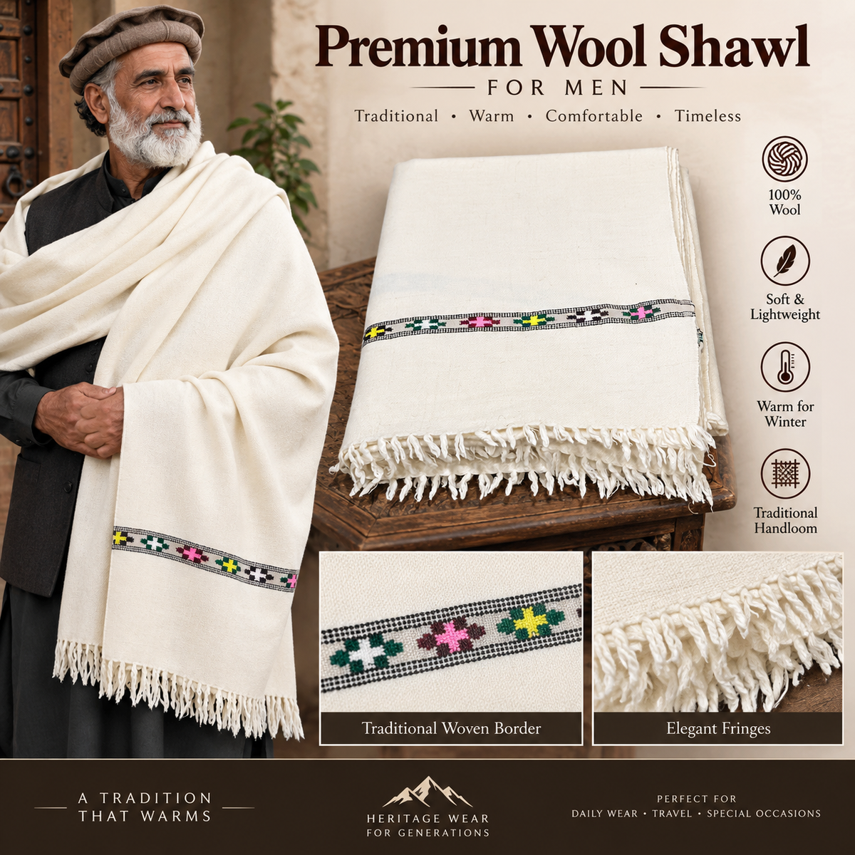 Off white pure wool shawl for men SH-33