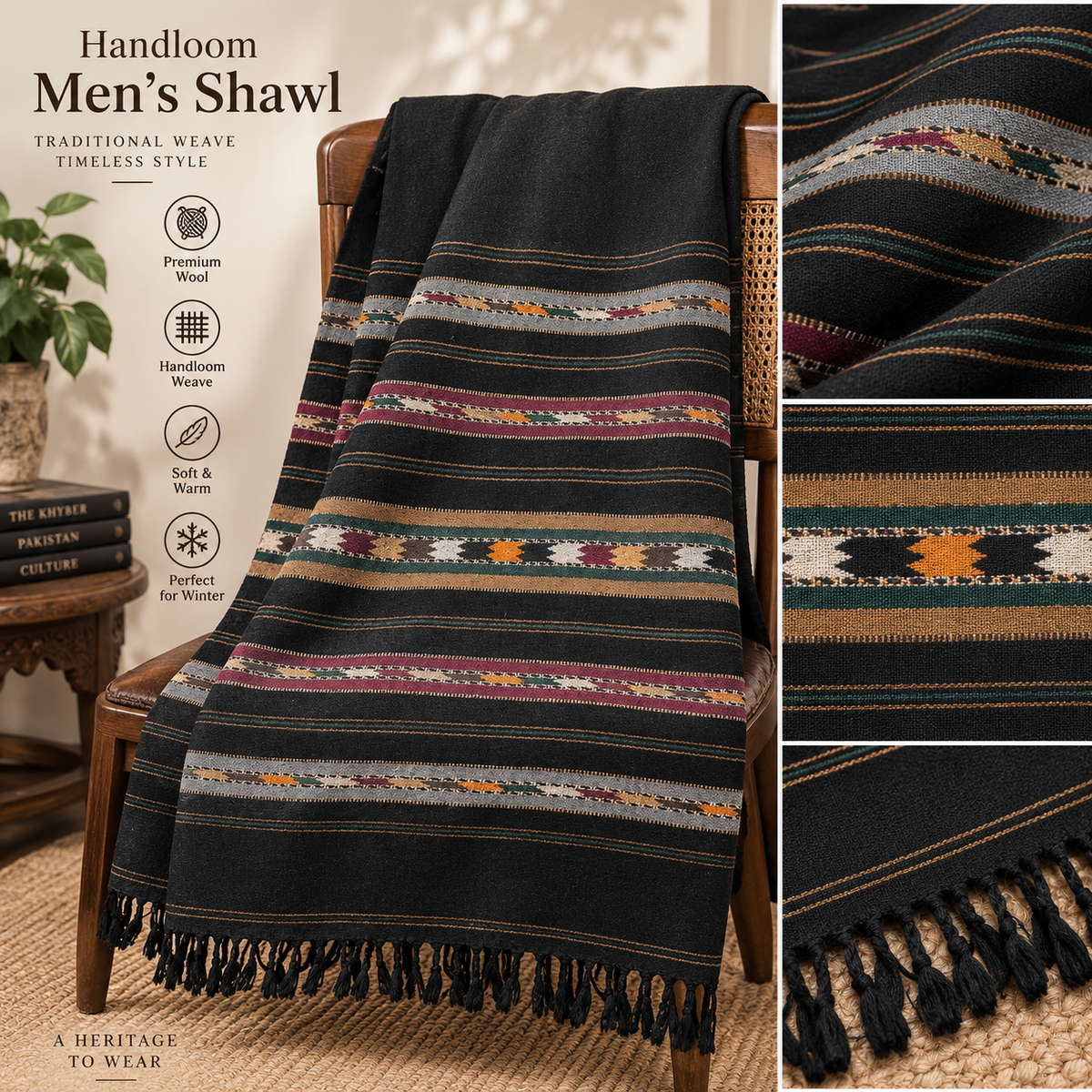 Pure 100% Wool 5-Border Shawl for Men – Black | Handloom Winter Shawl SH-31
