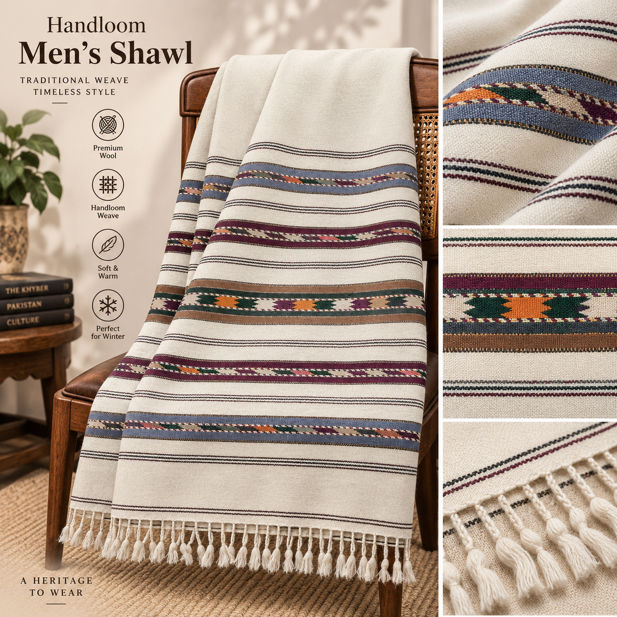 Pure 100% Wool 5-Border Shawl for Men – White | Handloom Winter Shawl SH-32