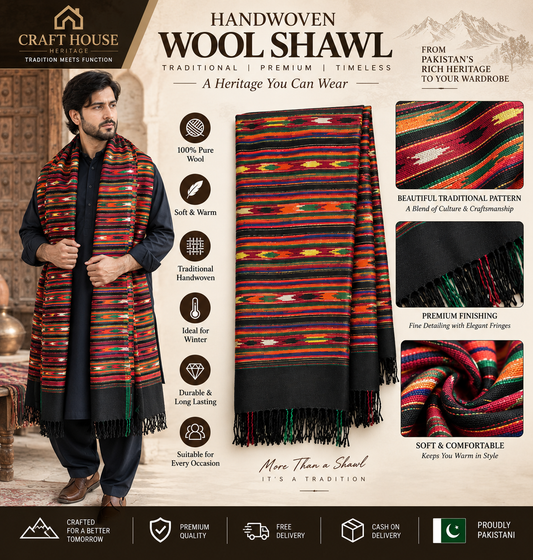 Handwoven Wool Shawl for Men – Traditional Pakistani Handloom Shawl | Premium Winter Shawl