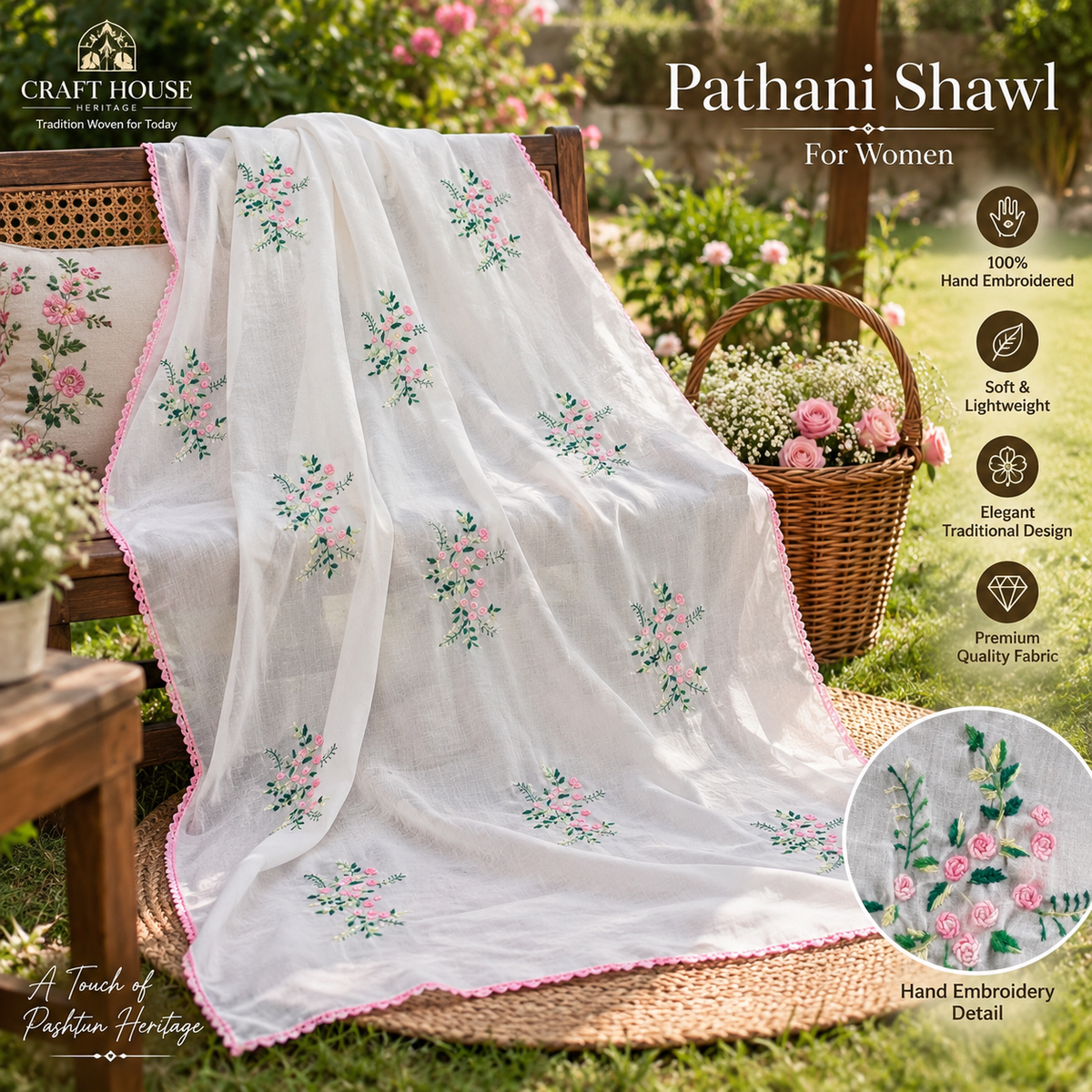 Women’s Pathani Shawl – Hand Embroidered Floral Design | Premium White Shawl