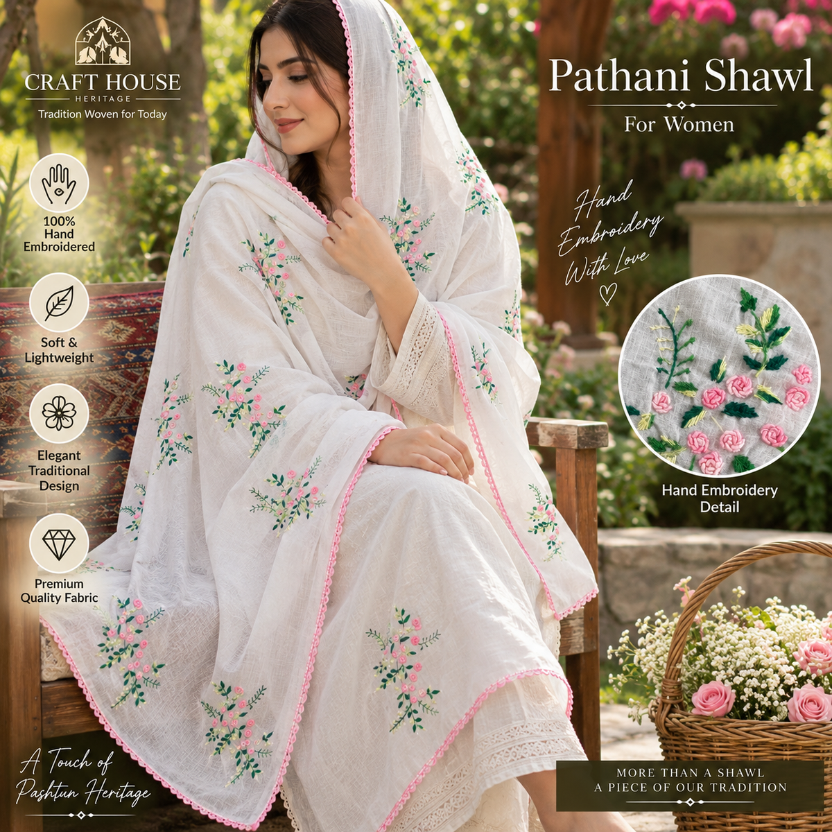 Women’s Pathani Shawl – Hand Embroidered Floral Design | Premium White Shawl