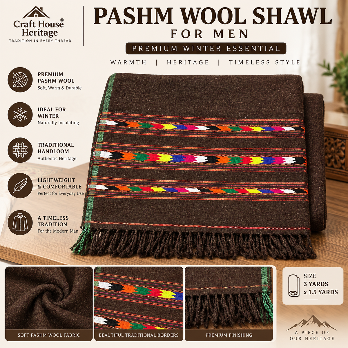 Premium Dark Brown Pashm Wool Shawl for Men – Traditional Three Border Design