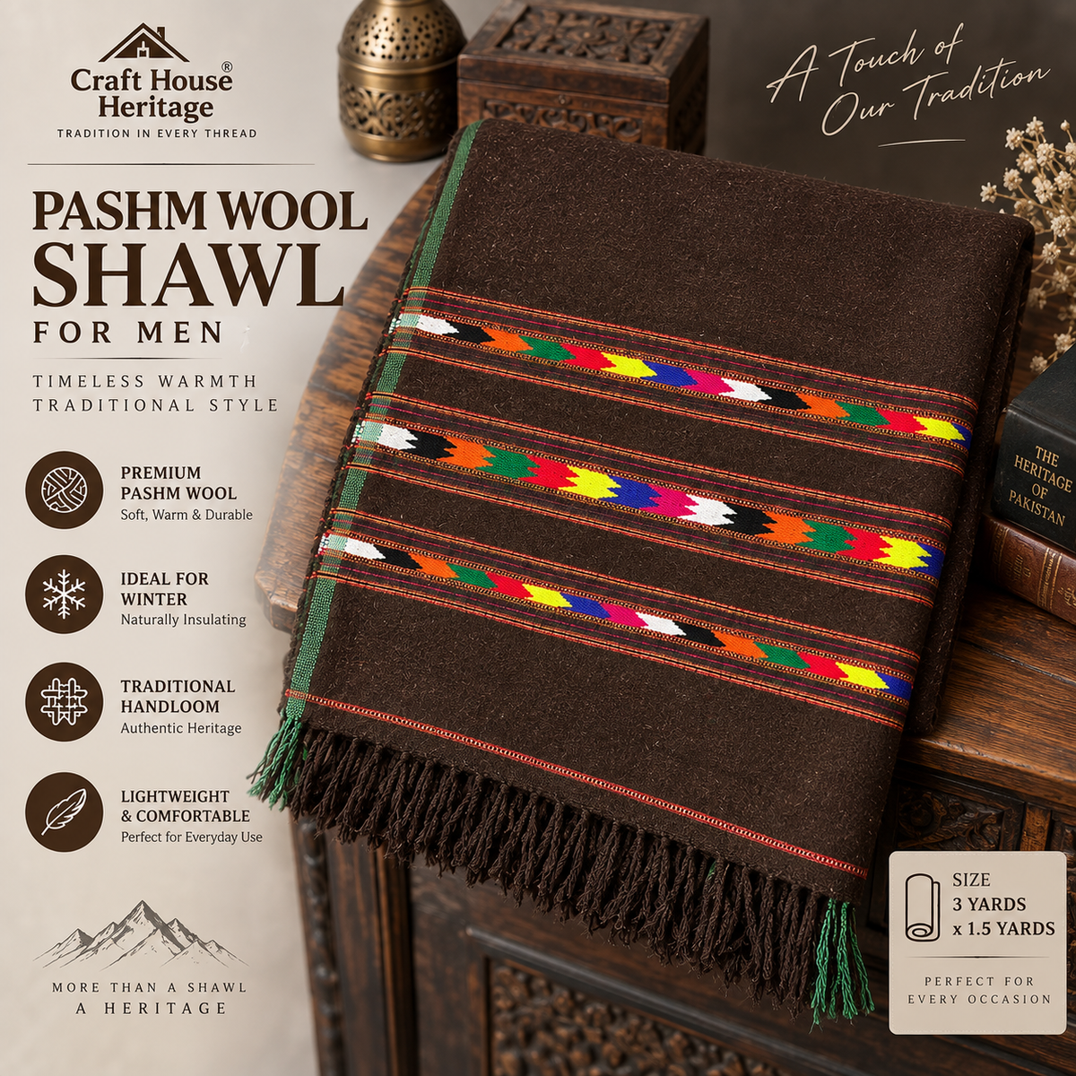 Premium Dark Brown Pashm Wool Shawl for Men – Traditional Three Border Design