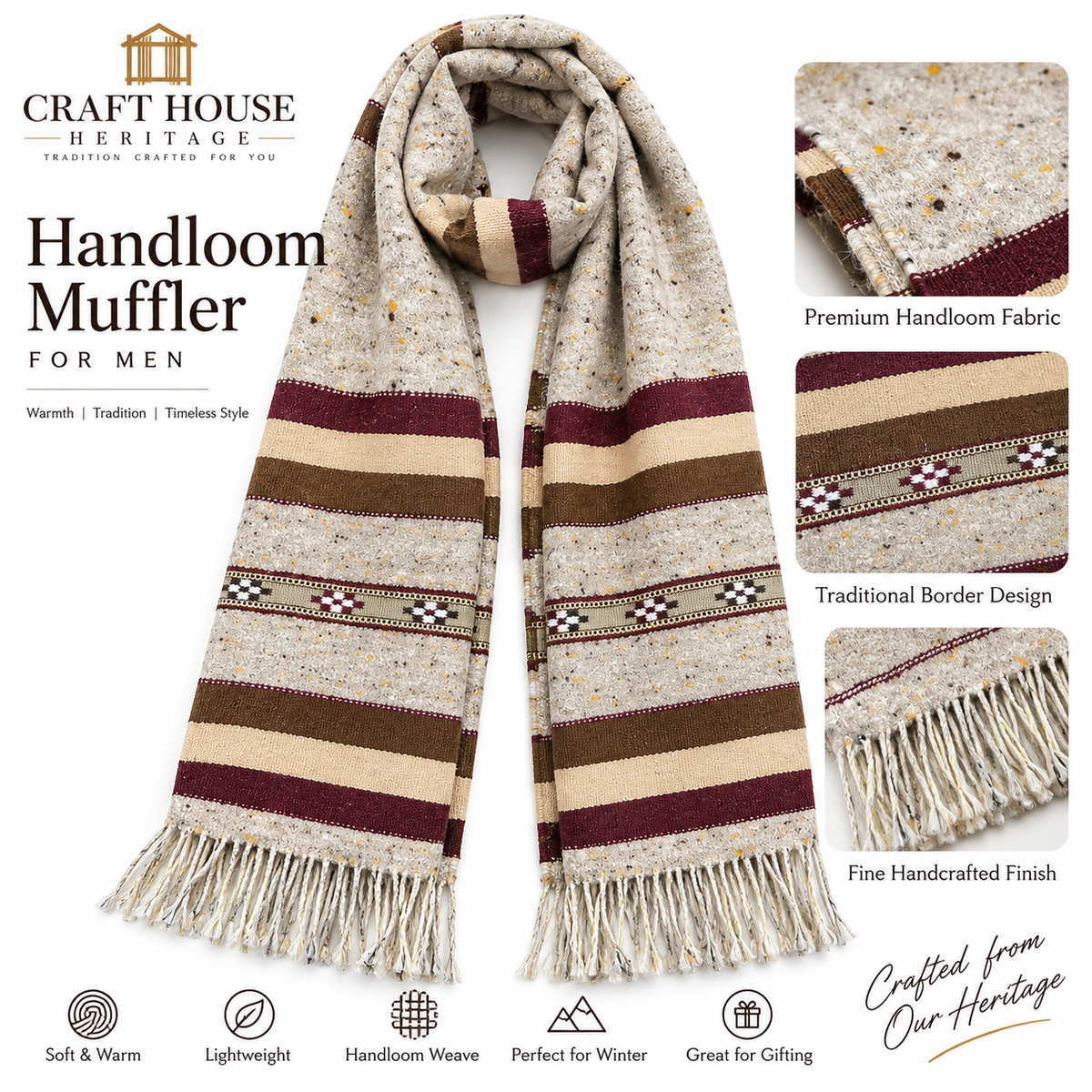Premium Handloom Muffler for Men – Traditional Multicolor Border Design