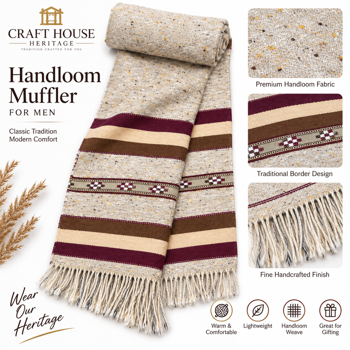 Premium Handloom Muffler for Men – Traditional Multicolor Border Design