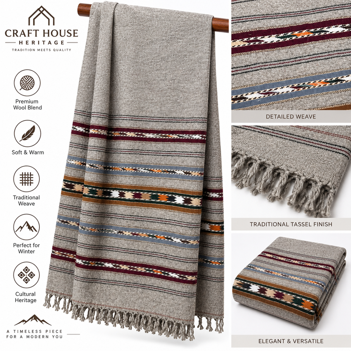 Handwoven 5-Border Wool Shawl – Traditional Multicolor Design | Grey