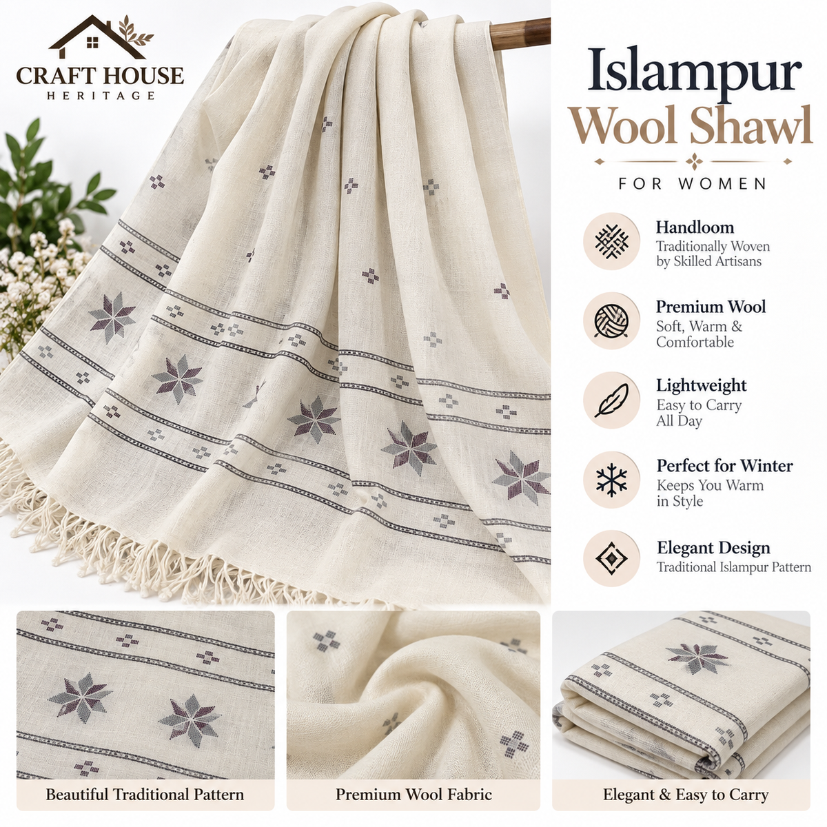 Islampur Handloom Wool Shawl for Women – Traditional Floral Border Design
