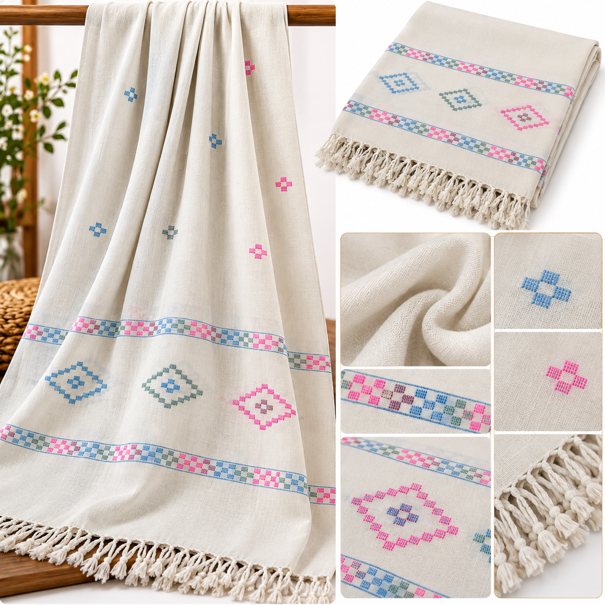 Ladies Handmade Handloom Shawl – Pastel Geometric Design with Traditional Tassels