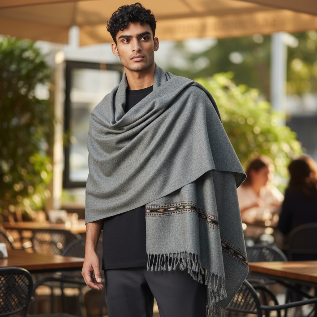 Handmade Pure Lambswool Shawl For Men - Grey
