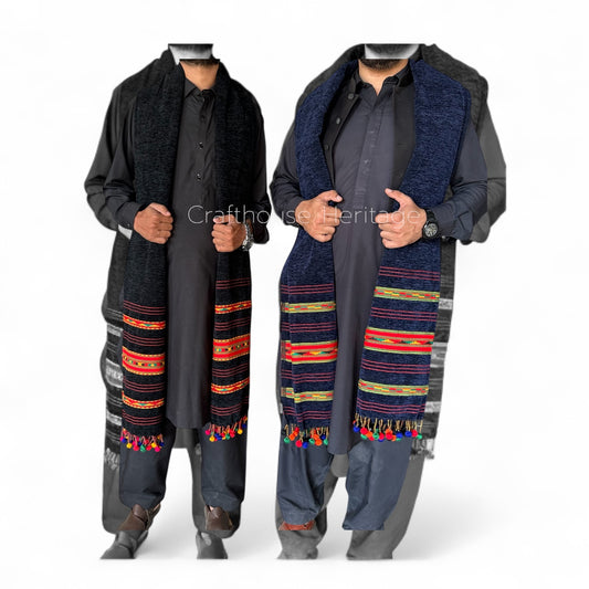 Handmade Winter shawl for Men tri border balls shawl