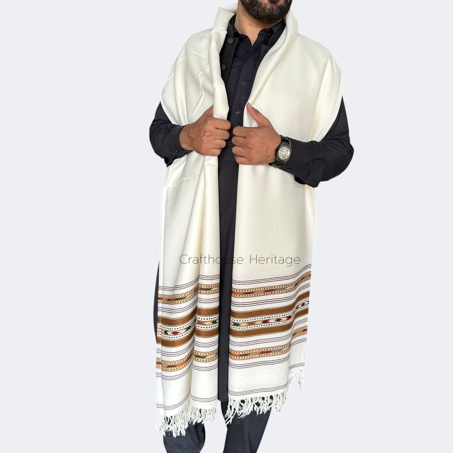 Handmade Swati Wool shawl for Men - Off white