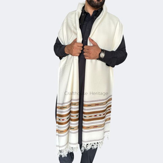 Handmade Swati Wool shawl for Men - Off white