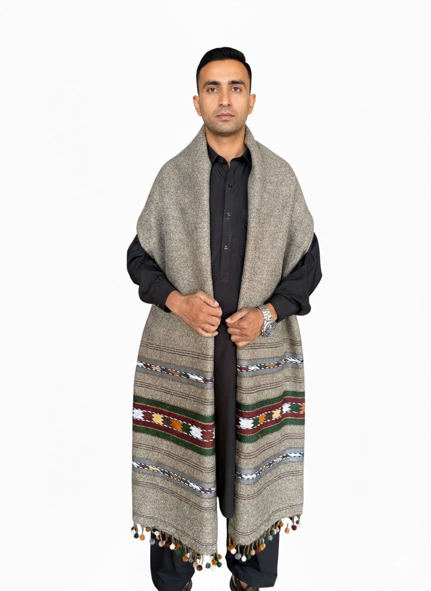 Handmade Wool Wadera Shawl for Men – Grey Color, Tri Border Design