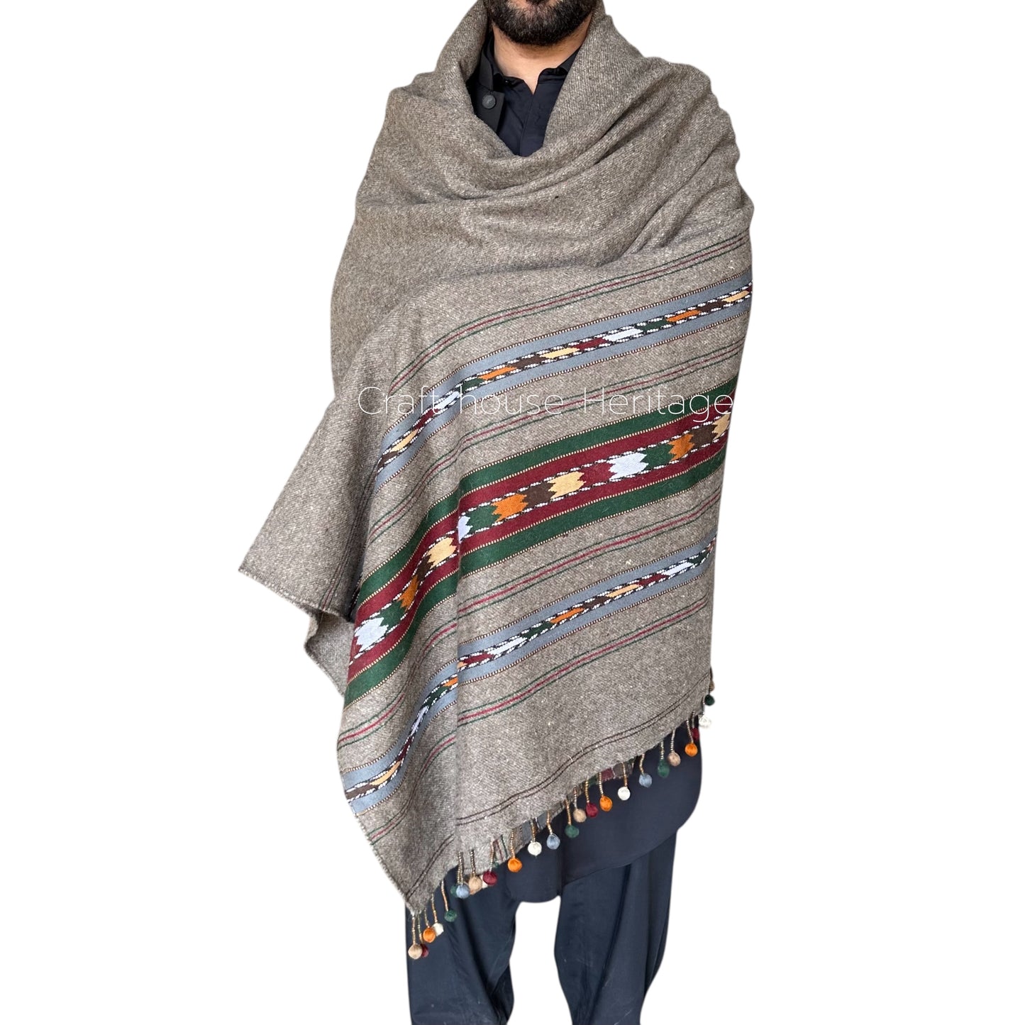 Handmade Wool Wadera Shawl for Men – Grey Color, Tri Border Design