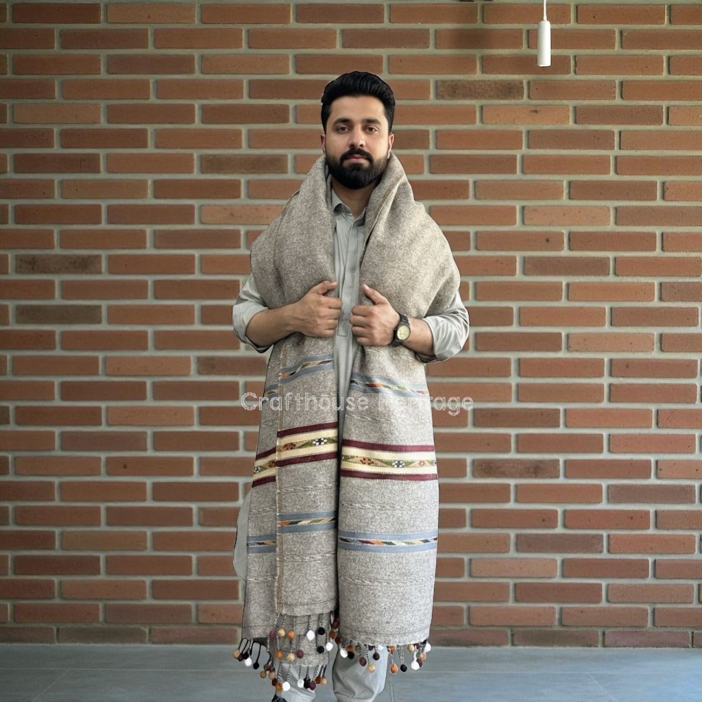 Handmade Wool Wadera Shawl for Men – Grey Color, 3 Border Balls Design
