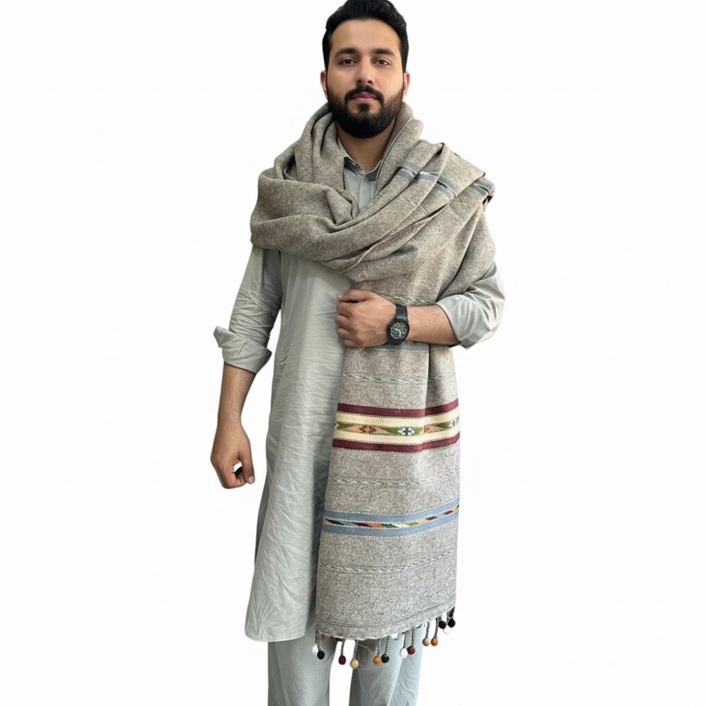 Handmade Wool Wadera Shawl for Men – Grey Color, 3 Border Balls Design