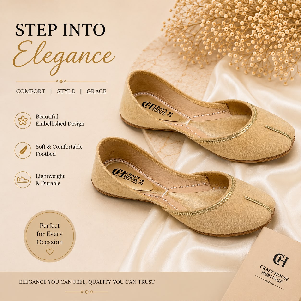Craft House Heritage Women’s Premium Beige Khussa – Soft Comfortable Traditional Flats