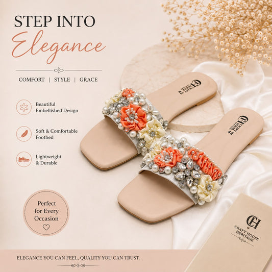 Handmade Pearl Embellished Ladies Flat Slippers – Elegant Floral Beaded Summer Slides
